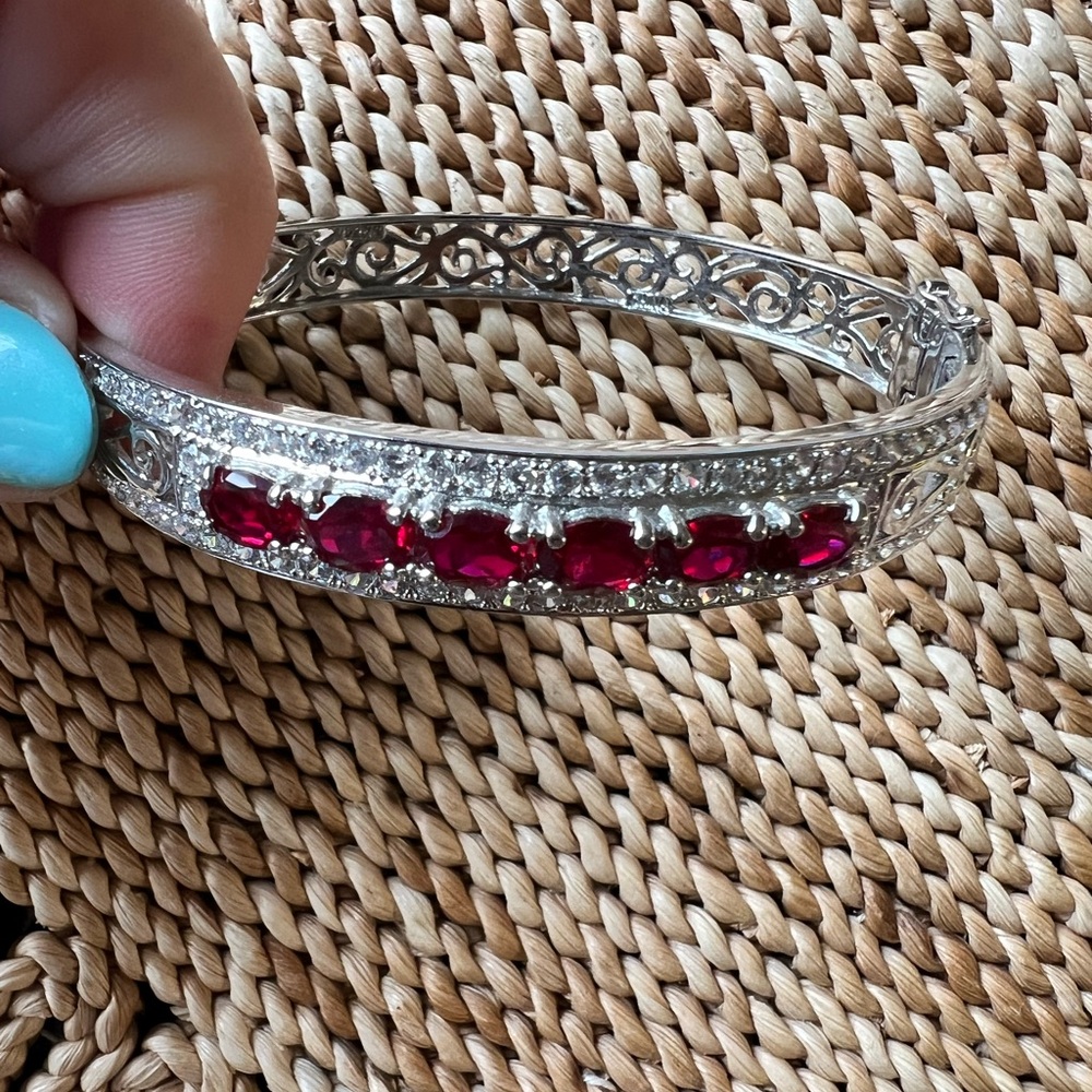 Elegant Sterling Silver and Red Gemstone Bracelet
